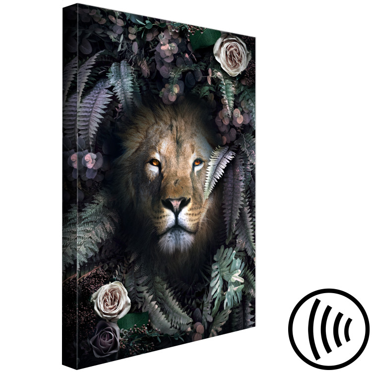 Canvas Art Print Lion in Leaves (1-piece) Vertical - wild cat among roses and ferns 138596 additionalImage 6