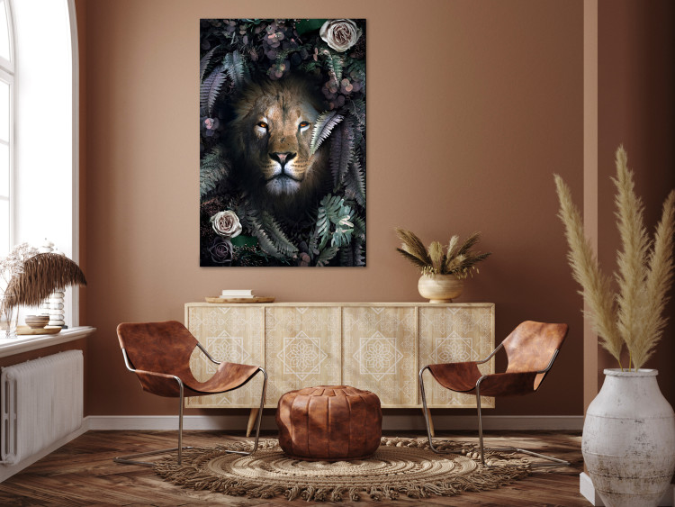 Canvas Art Print Lion in Leaves (1-piece) Vertical - wild cat among roses and ferns 138596 additionalImage 3