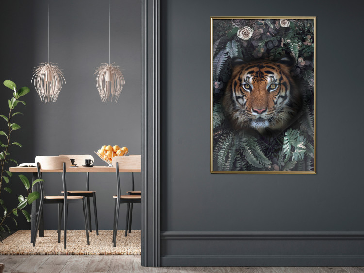 Wall Poster Tiger in Leaves - portrait of a tiger against a background of green plants and flowers 138696 additionalImage 13