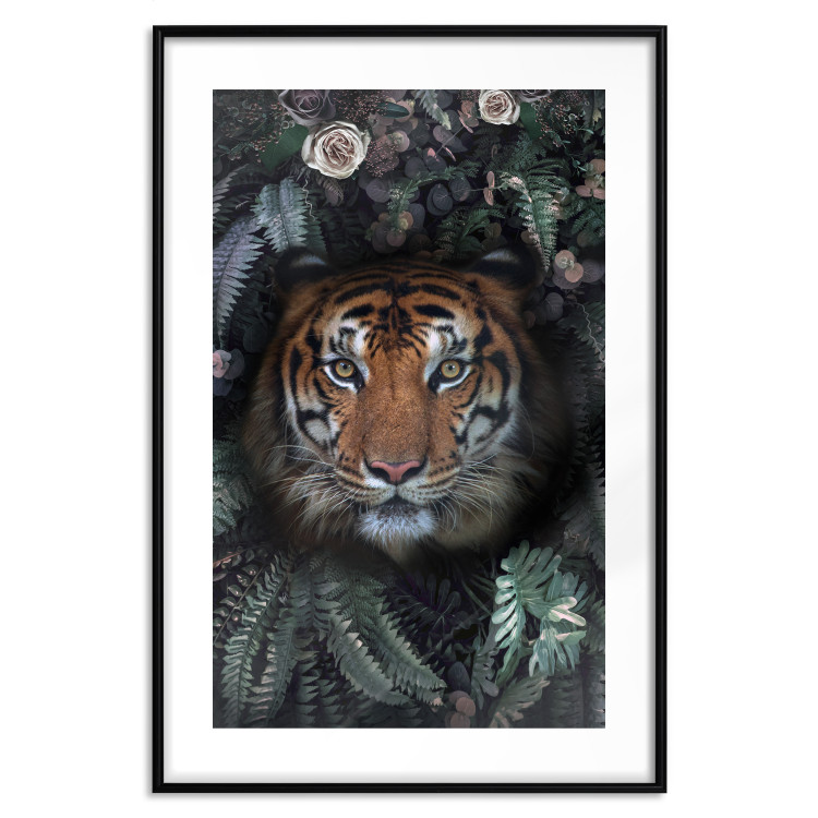 Wall Poster Tiger in Leaves - portrait of a tiger against a background of green plants and flowers 138696 additionalImage 13