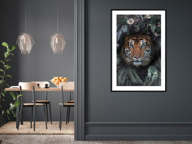 Wall Poster Tiger in Leaves - portrait of a tiger against a background of green plants and flowers 138696 additionalImage 16