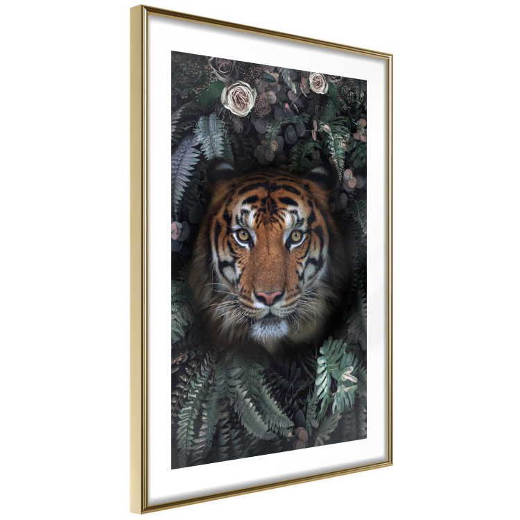 Wall Poster Tiger in Leaves - portrait of a tiger against a background of green plants and flowers 138696 additionalImage 3