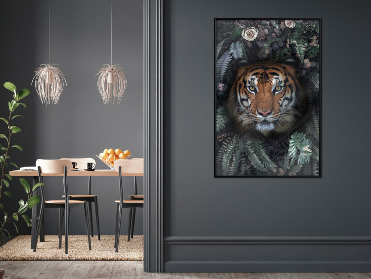 Wall Poster Tiger in Leaves - portrait of a tiger against a background of green plants and flowers 138696 additionalImage 15