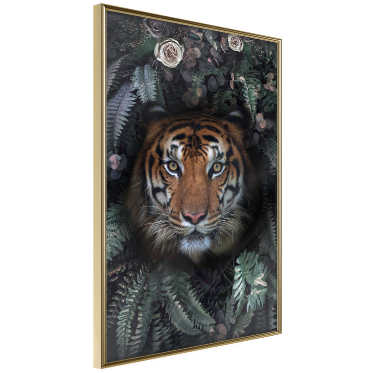Wall Poster Tiger in Leaves - portrait of a tiger against a background of green plants and flowers 138696 additionalImage 3