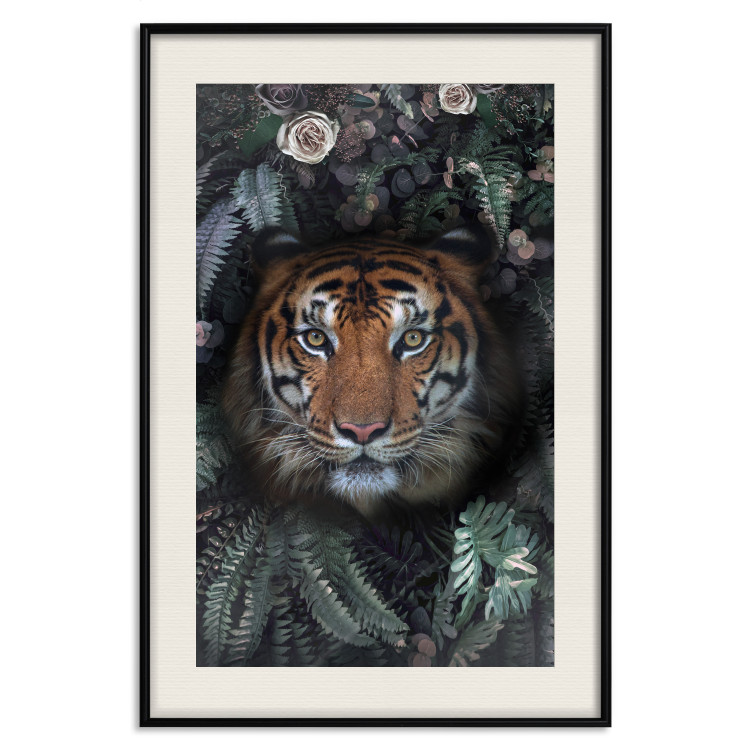 Wall Poster Tiger in Leaves - portrait of a tiger against a background of green plants and flowers 138696 additionalImage 24