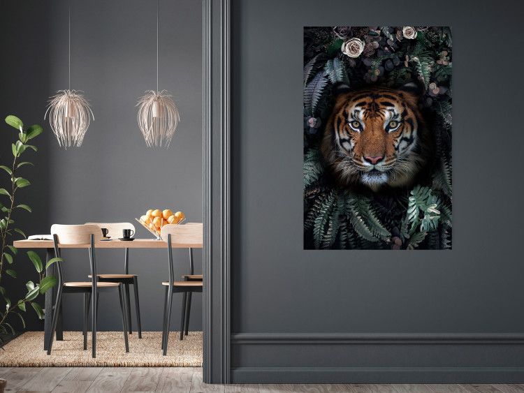 Wall Poster Tiger in Leaves - portrait of a tiger against a background of green plants and flowers 138696 additionalImage 6