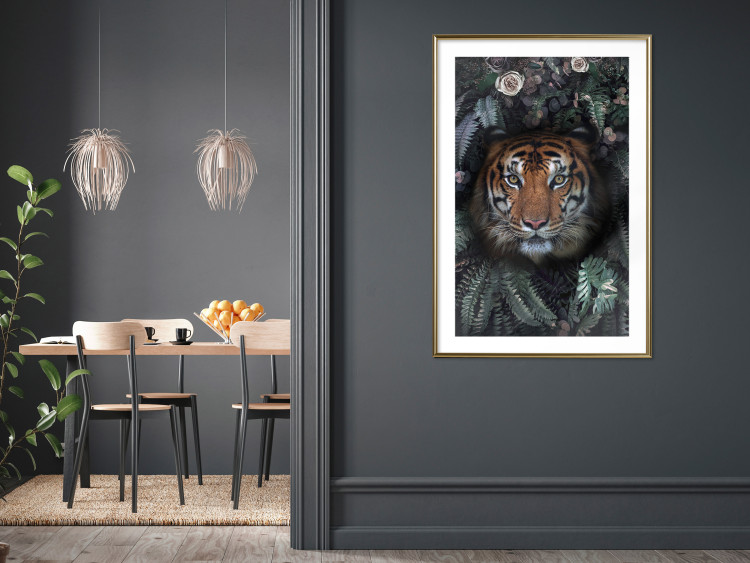 Wall Poster Tiger in Leaves - portrait of a tiger against a background of green plants and flowers 138696 additionalImage 21