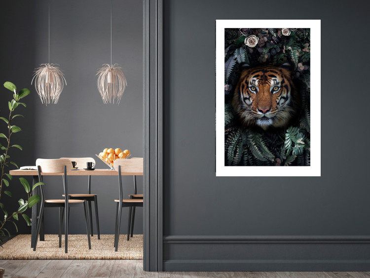 Wall Poster Tiger in Leaves - portrait of a tiger against a background of green plants and flowers 138696 additionalImage 18