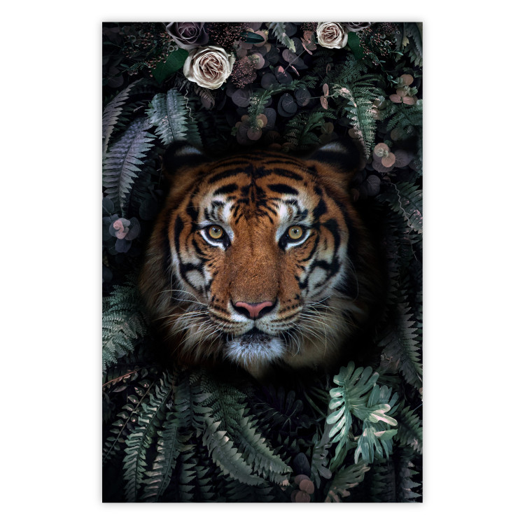 Wall Poster Tiger in Leaves - portrait of a tiger against a background of green plants and flowers 138696
