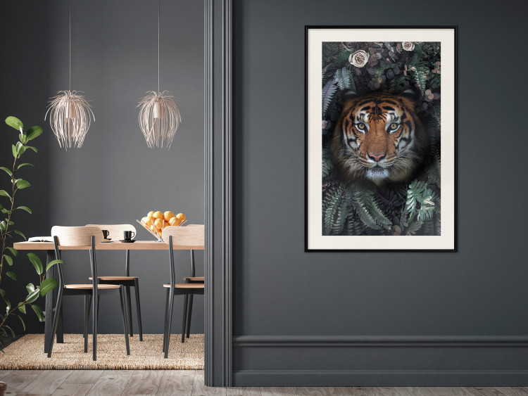 Wall Poster Tiger in Leaves - portrait of a tiger against a background of green plants and flowers 138696 additionalImage 12