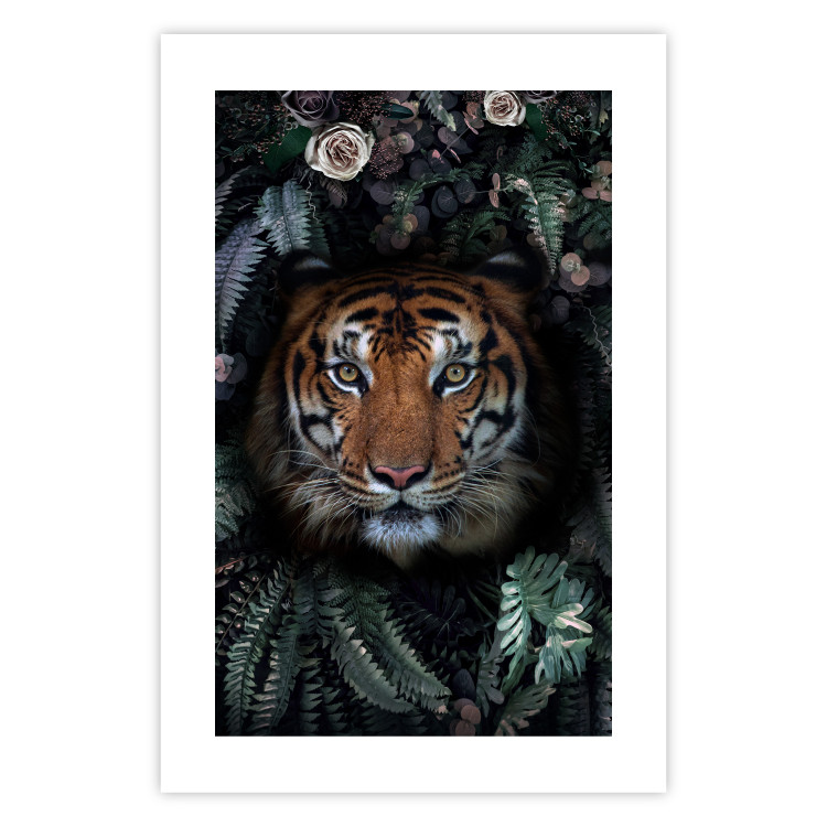 Wall Poster Tiger in Leaves - portrait of a tiger against a background of green plants and flowers 138696 additionalImage 11