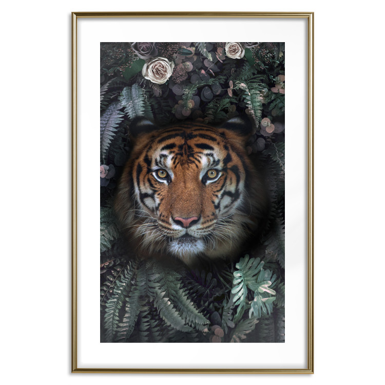 Wall Poster Tiger in Leaves - portrait of a tiger against a background of green plants and flowers 138696 additionalImage 15
