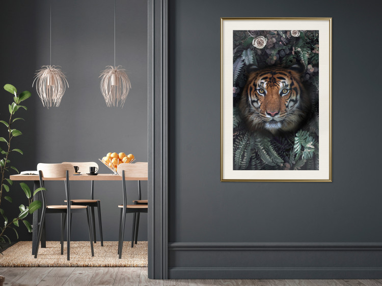 Wall Poster Tiger in Leaves - portrait of a tiger against a background of green plants and flowers 138696 additionalImage 22