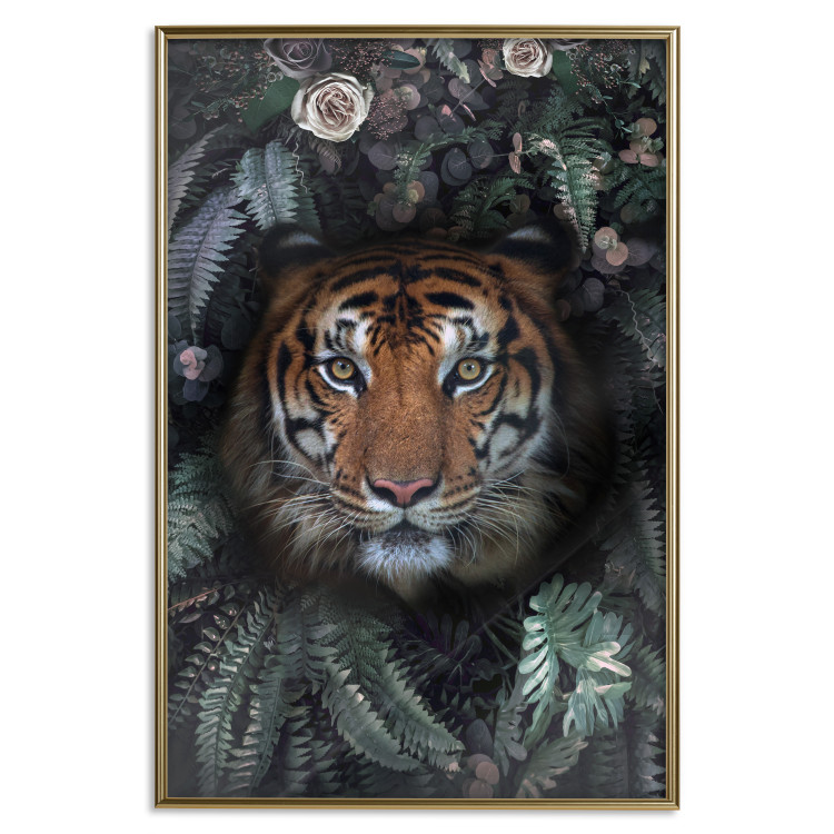 Wall Poster Tiger in Leaves - portrait of a tiger against a background of green plants and flowers 138696 additionalImage 20
