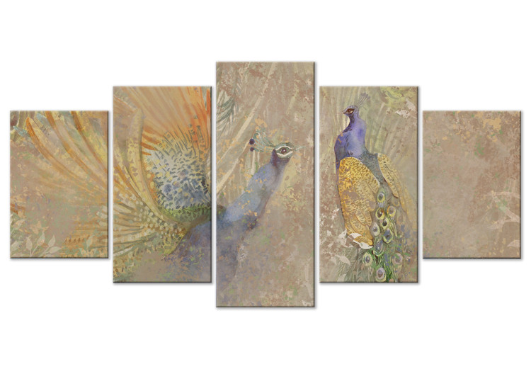 Canvas Peacocks in Dance (5-piece) Wide - majestic colorful birds 142396