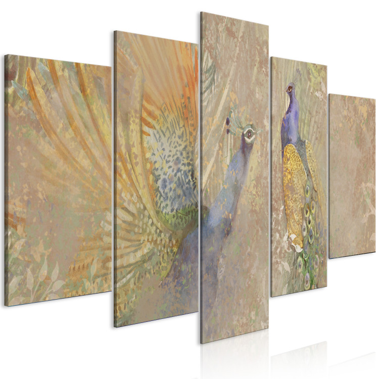 Canvas Peacocks in Dance (5-piece) Wide - majestic colorful birds 142396 additionalImage 2