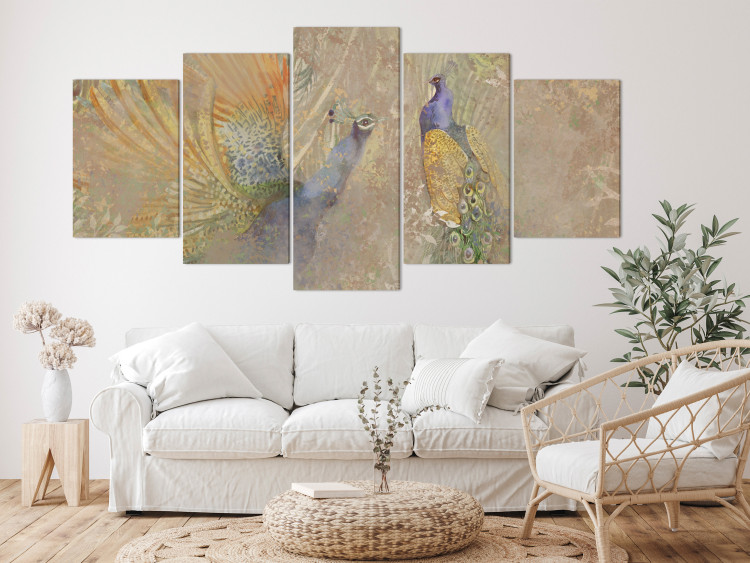 Canvas Peacocks in Dance (5-piece) Wide - majestic colorful birds 142396 additionalImage 3