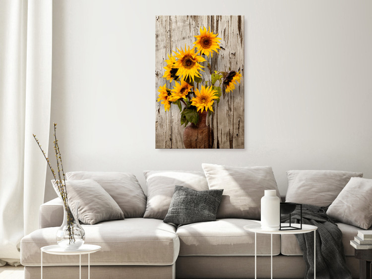 Canvas Sunflowers (1-piece) - yellow flowers in a vase on a wooden background 144596 additionalImage 3