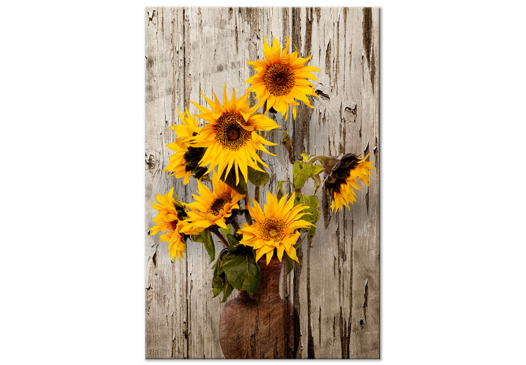 Canvas Sunflowers (1-piece) - yellow flowers in a vase on a wooden background 144596