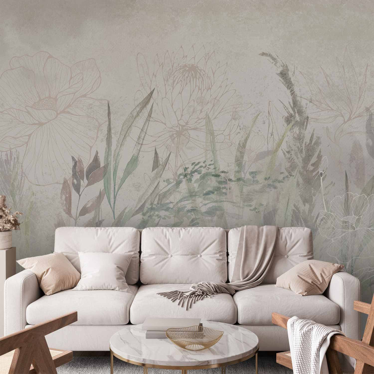 Wall Mural Boho-Style Garden - Airy Flowers and Grasses in Grays and Greens 144696