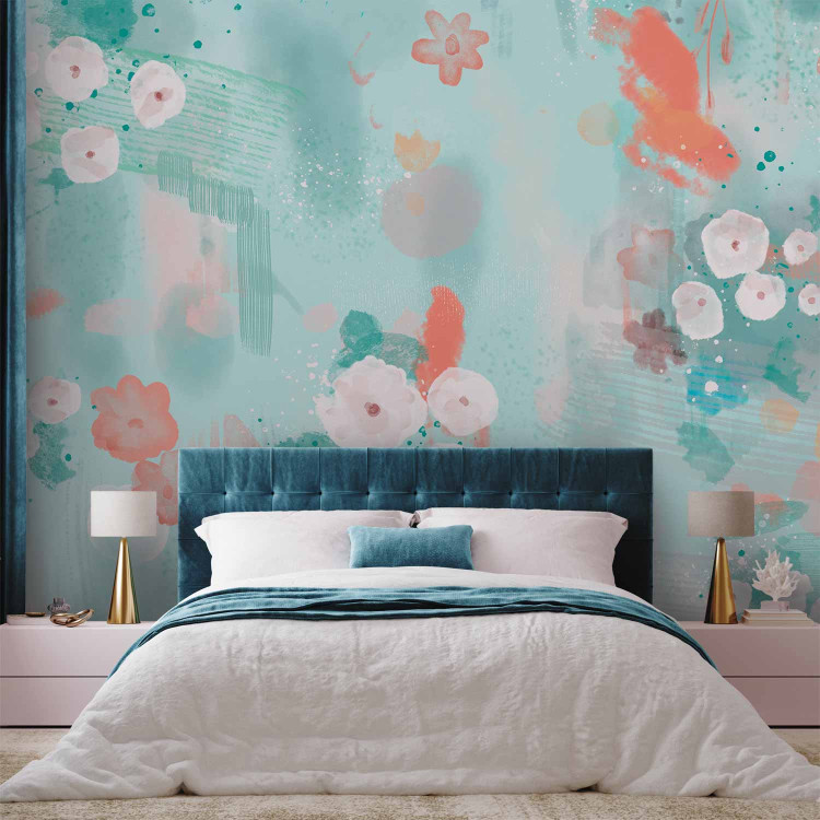 Wall Mural Painted flowers - abstract composition of spots on blue background 144796 additionalImage 2