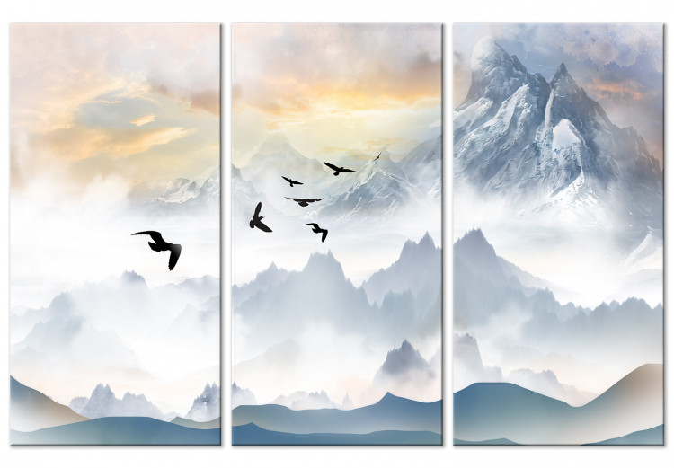 Canvas Mountains in the Fog - Birds Flying Over the Peaks in the Clouds 145496