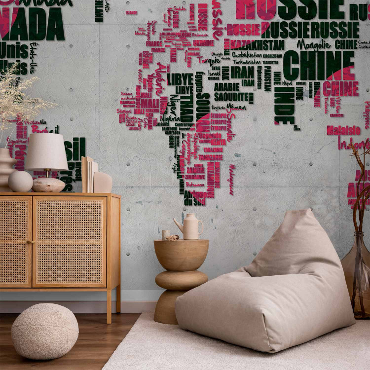 Photo Wallpaper Pink and Black Continents - World Map with French Text 59996