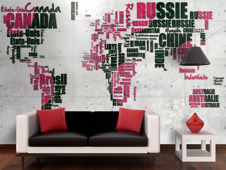 Photo Wallpaper Pink and Black Continents - World Map with French Text 59996