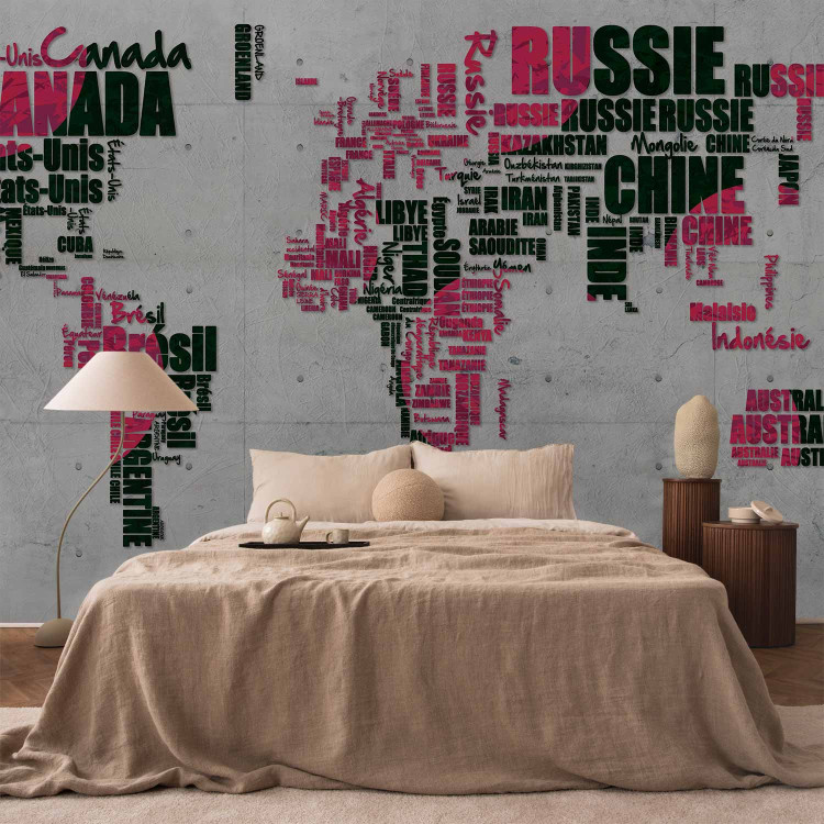 Photo Wallpaper Pink and Black Continents - World Map with French Text 59996 additionalImage 2