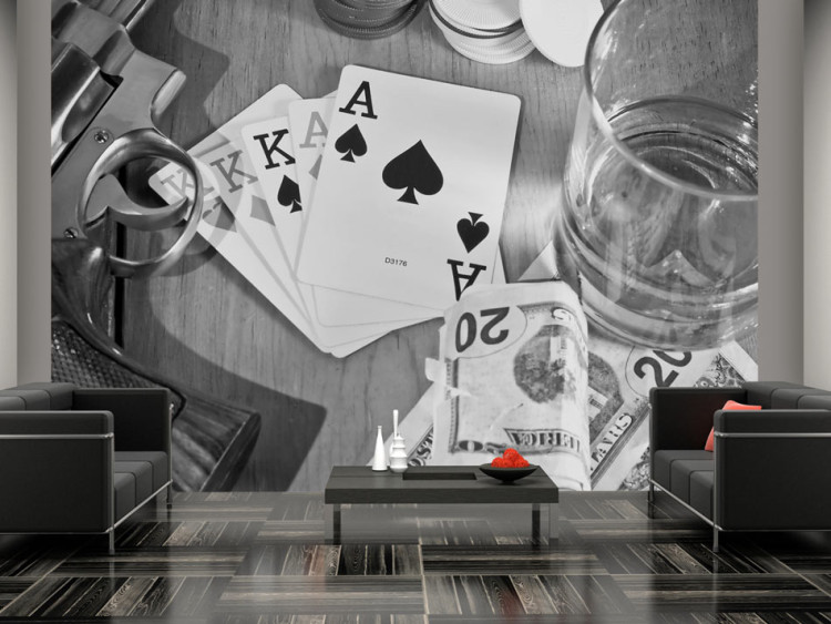 Photo Wallpaper Men's Evening with Poker - Black and white theme of a money game with whiskey 61096