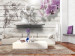 Wall Mural Cupid's Kiss - statue of angelic couple on a backdrop of gray wood with an orchid 62296