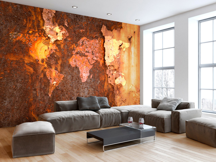 Wall Mural Metallic continents - metal textured world map with rust effect 92796