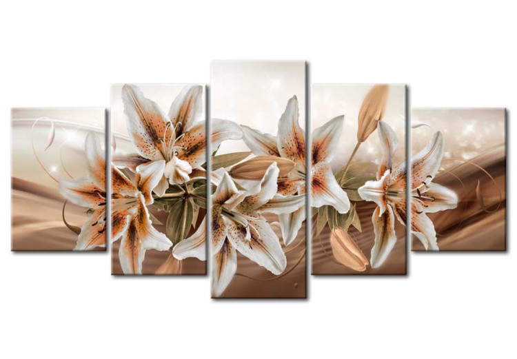 Canvas Art Print Brown Graces (5-piece) - Plump Lilies and Brown Ornaments in the Background 93796