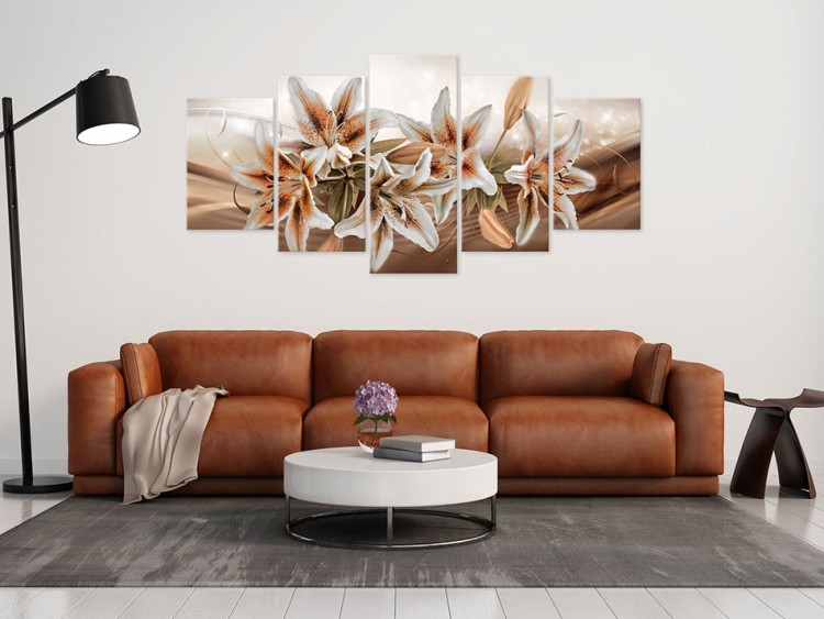 Canvas Art Print Brown Graces (5-piece) - Plump Lilies and Brown Ornaments in the Background 93796 additionalImage 3