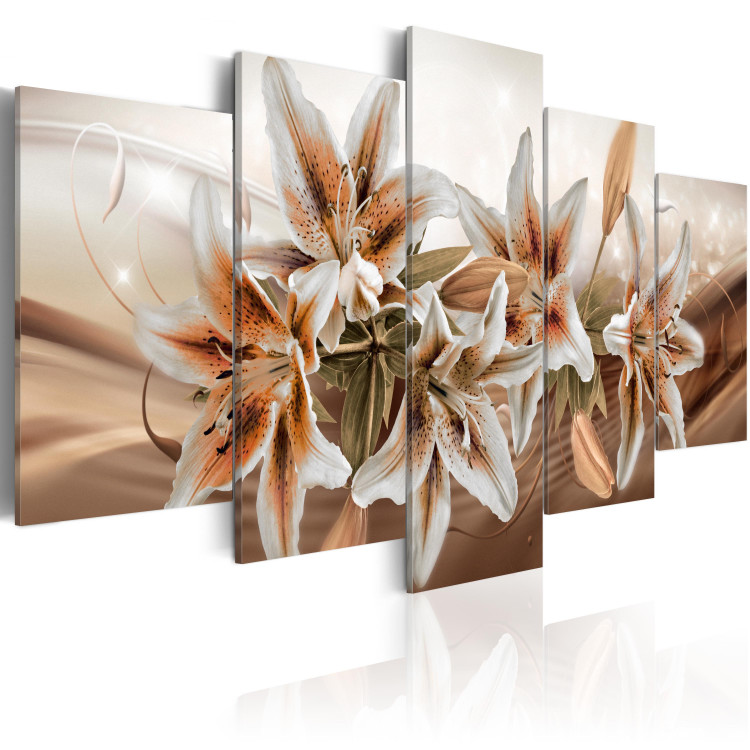 Canvas Art Print Brown Graces (5-piece) - Plump Lilies and Brown Ornaments in the Background 93796 additionalImage 2