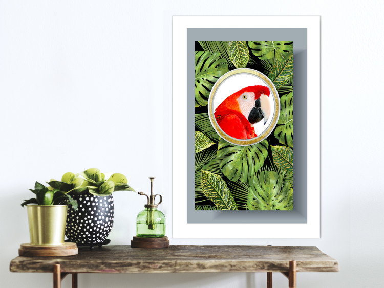 Poster Parrot in the jungle - colorful bird on a background of green tropical leaves 116407 additionalImage 2