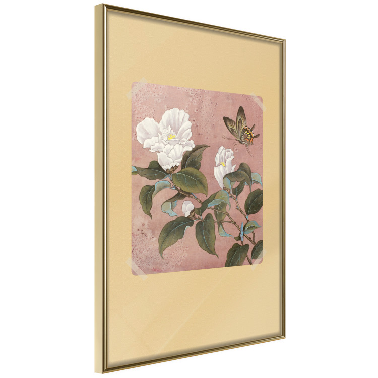 Poster Azalea Flower - white petals among green leaves and a colorful butterfly 117607 additionalImage 12