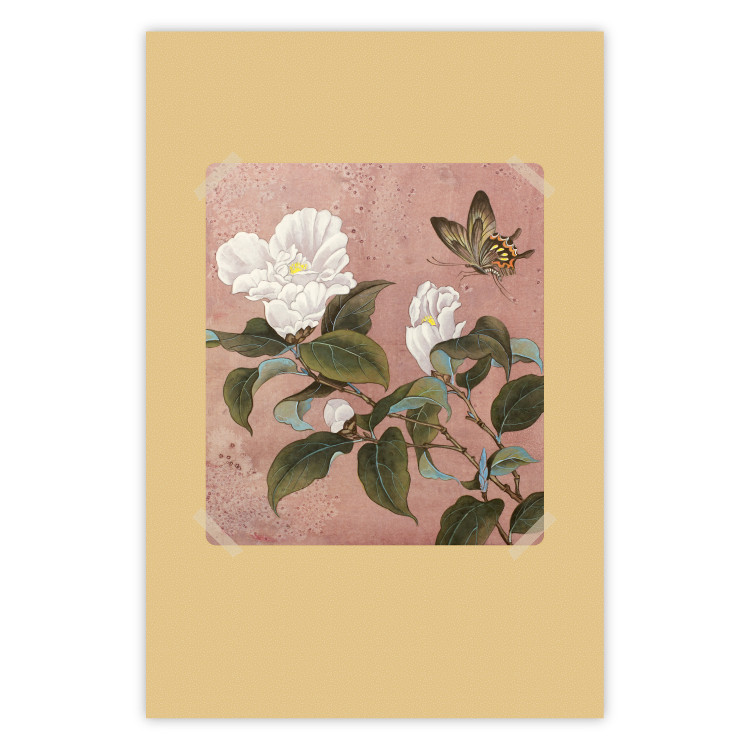 Poster Azalea Flower - white petals among green leaves and a colorful butterfly 117607