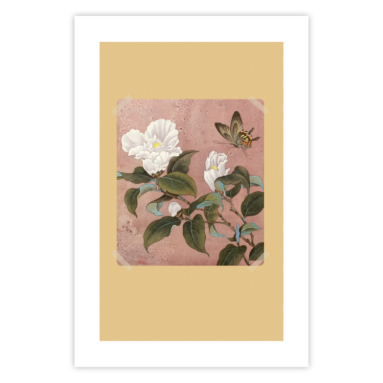 Poster Azalea Flower - white petals among green leaves and a colorful butterfly 117607 additionalImage 25