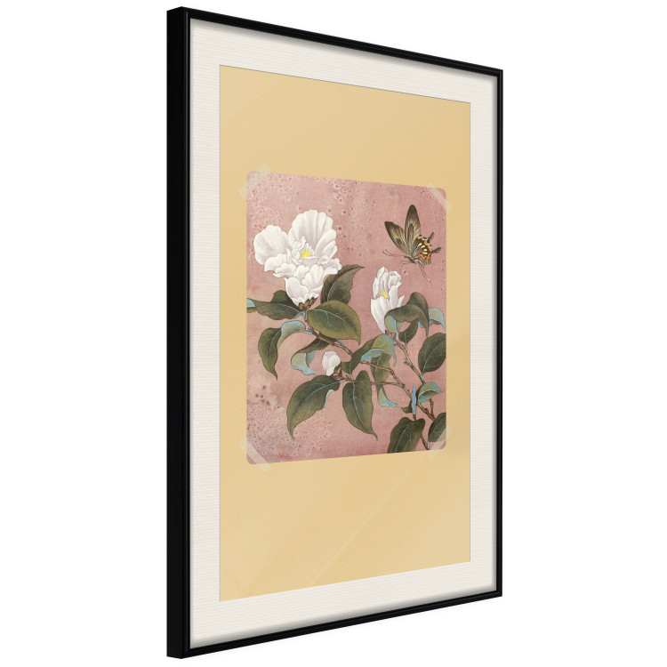 Poster Azalea Flower - white petals among green leaves and a colorful butterfly 117607 additionalImage 3