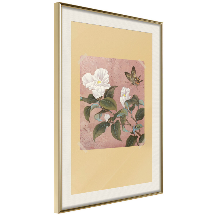 Poster Azalea Flower - white petals among green leaves and a colorful butterfly 117607 additionalImage 2