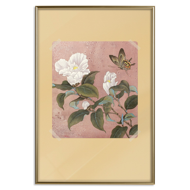 Poster Azalea Flower - white petals among green leaves and a colorful butterfly 117607 additionalImage 16