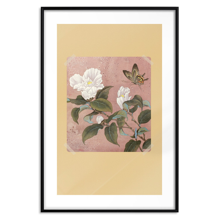 Poster Azalea Flower - white petals among green leaves and a colorful butterfly 117607 additionalImage 15