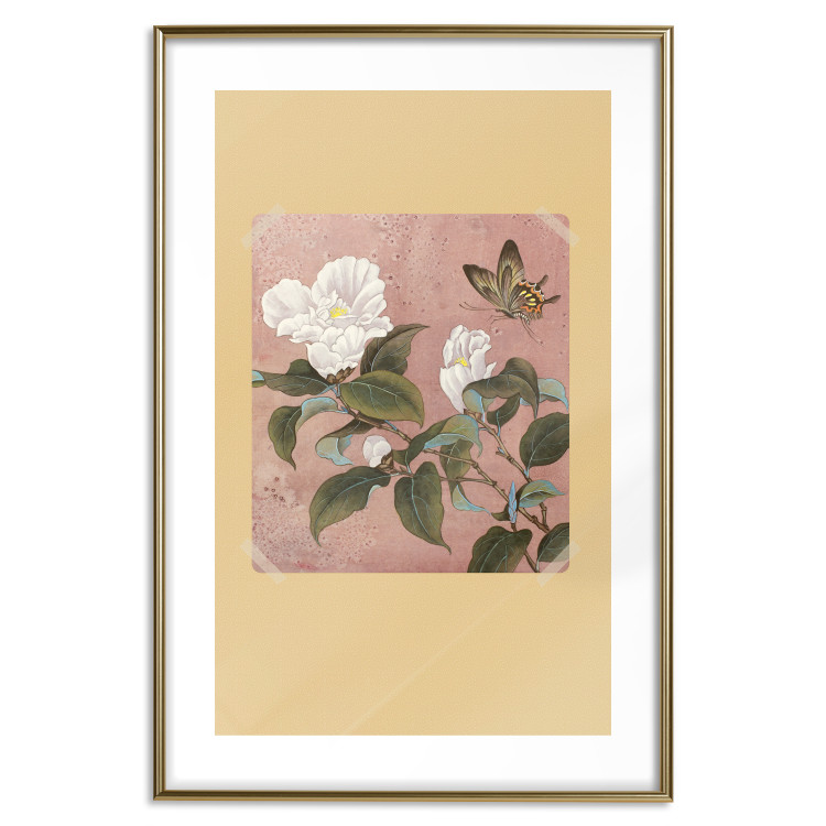 Poster Azalea Flower - white petals among green leaves and a colorful butterfly 117607 additionalImage 16