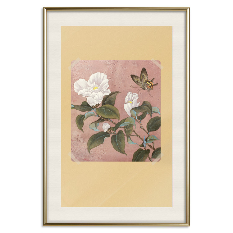 Poster Azalea Flower - white petals among green leaves and a colorful butterfly 117607 additionalImage 19