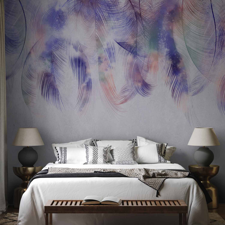 Wall Mural Minimalist nature - purple bird feathers with grey textured pattern in the background 138407 additionalImage 2