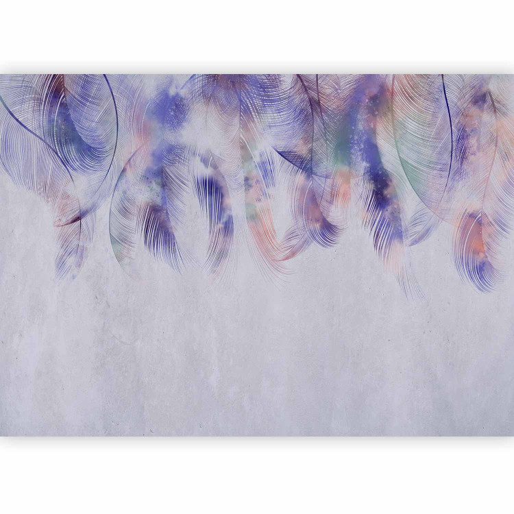 Wall Mural Minimalist nature - purple bird feathers with grey textured pattern in the background 138407 additionalImage 1