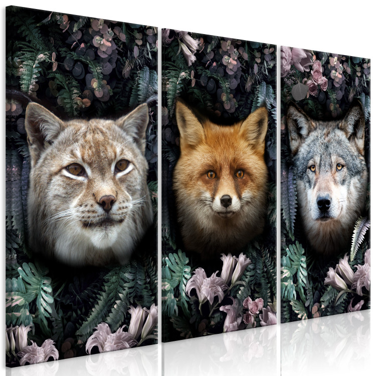 Canvas Art Print Forest Dwellers (3-piece) - three cats among dense jungle leaves 138607 additionalImage 2