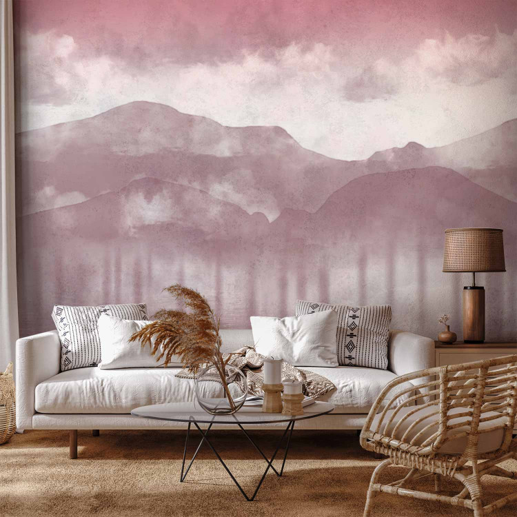 Photo Wallpaper Hazy Landscape - View of the Mountains and the Lake in Pink Shades 146007