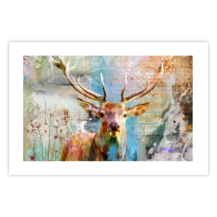 Poster Deer on Wood - abstraction with a forest animal and texts in the background 114417 additionalImage 19